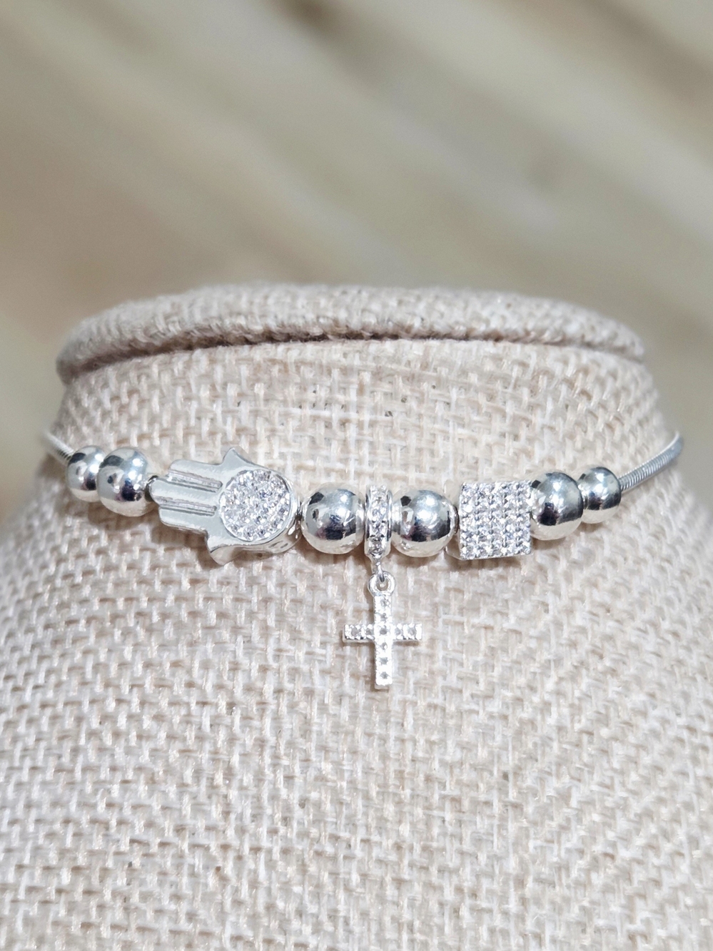 Sterling Silver Hamsa & Cross Charm Bracelet - Silver